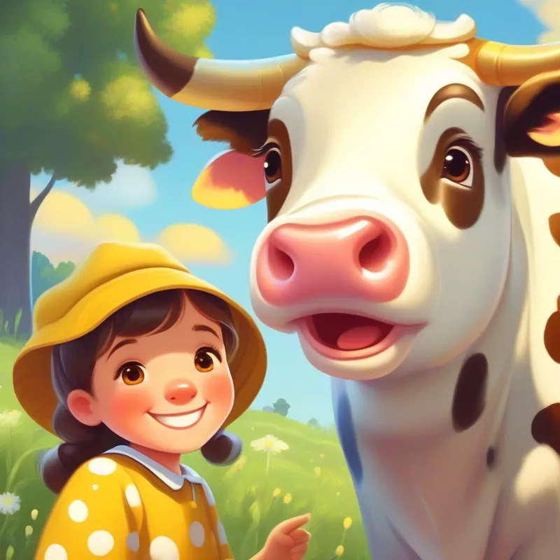 A curious girl with bright eyes, wearing a yellow handkerchief and a polka-dotted cap meeting A friendly cow with brown and white spots, always wearing a warm smile who is friendly and smiling