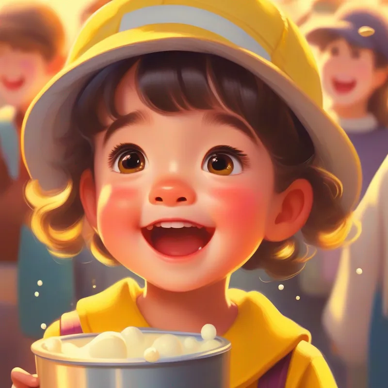 A curious girl with bright eyes, wearing a yellow handkerchief and a polka-dotted cap happily filling the bucket with milk and being excited