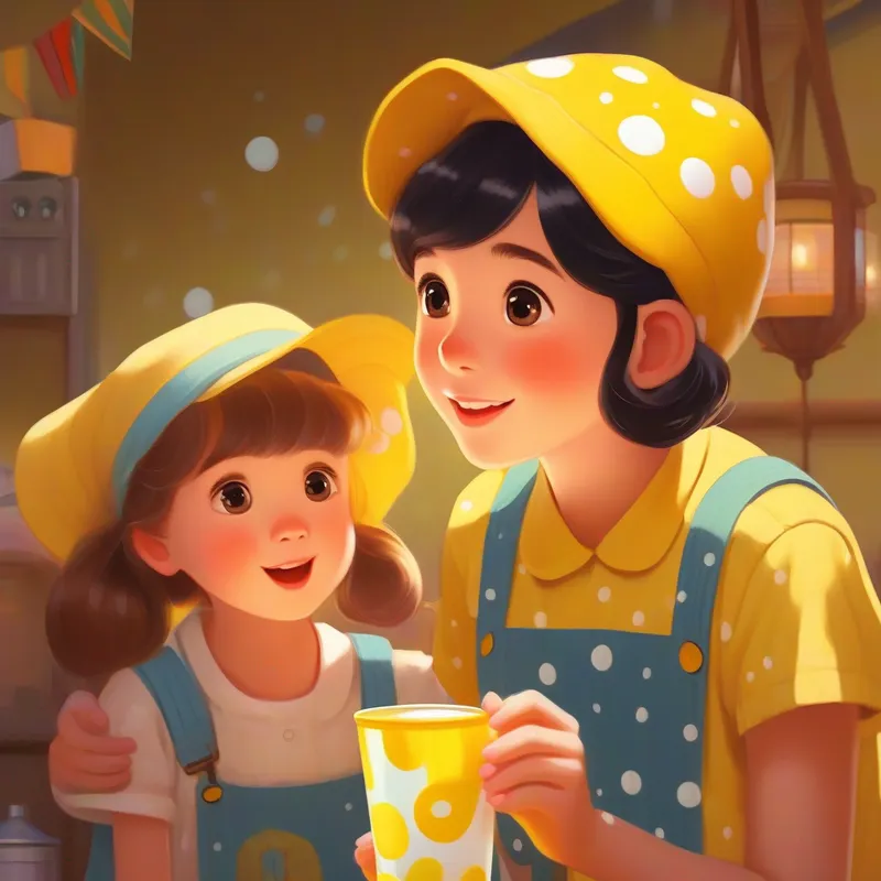 A curious girl with bright eyes, wearing a yellow handkerchief and a polka-dotted cap sharing the milk with her family, emphasizing the importance of listening