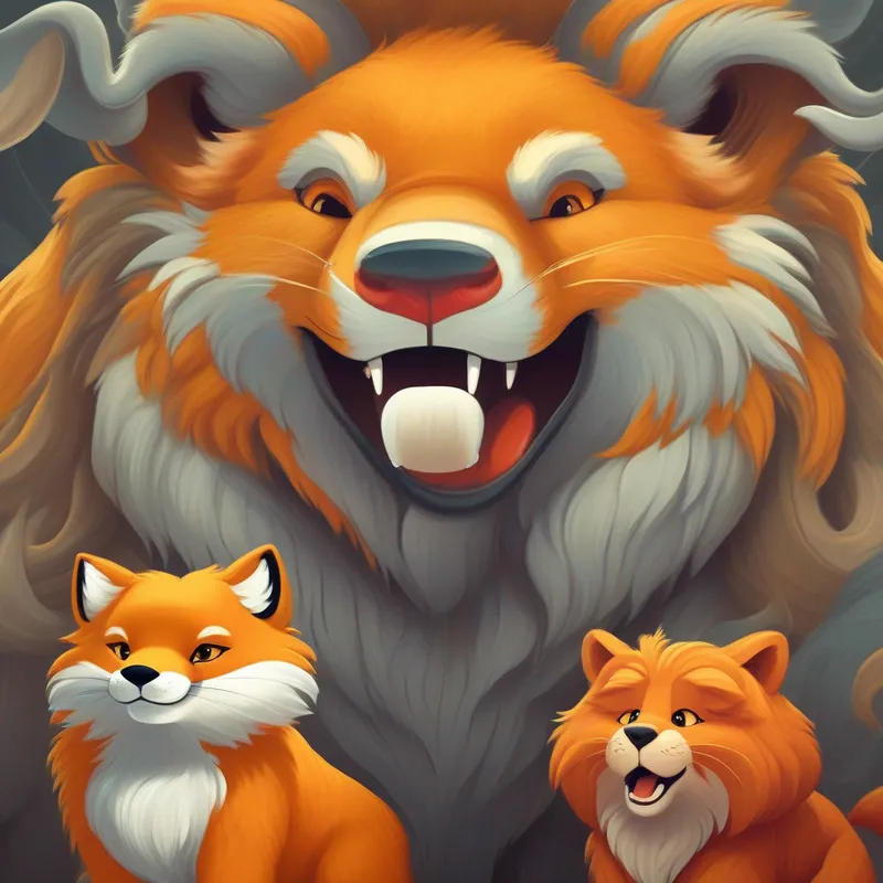 A clever fox with orange fur and a mischievous grin. proposing a challenge to the A majestic lion with golden fur and a loud roar. and the A wise elephant with gray wrinkled skin and big tusks..