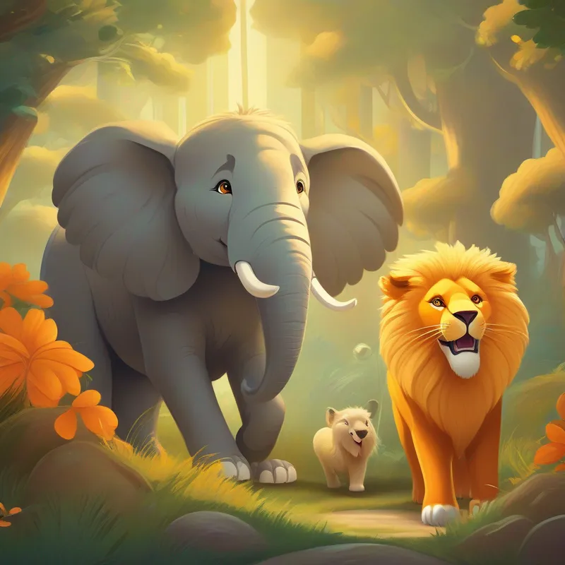 The A majestic lion with golden fur and a loud roar. and the A wise elephant with gray wrinkled skin and big tusks. answering trivia questions with A clever fox with orange fur and a mischievous grin..