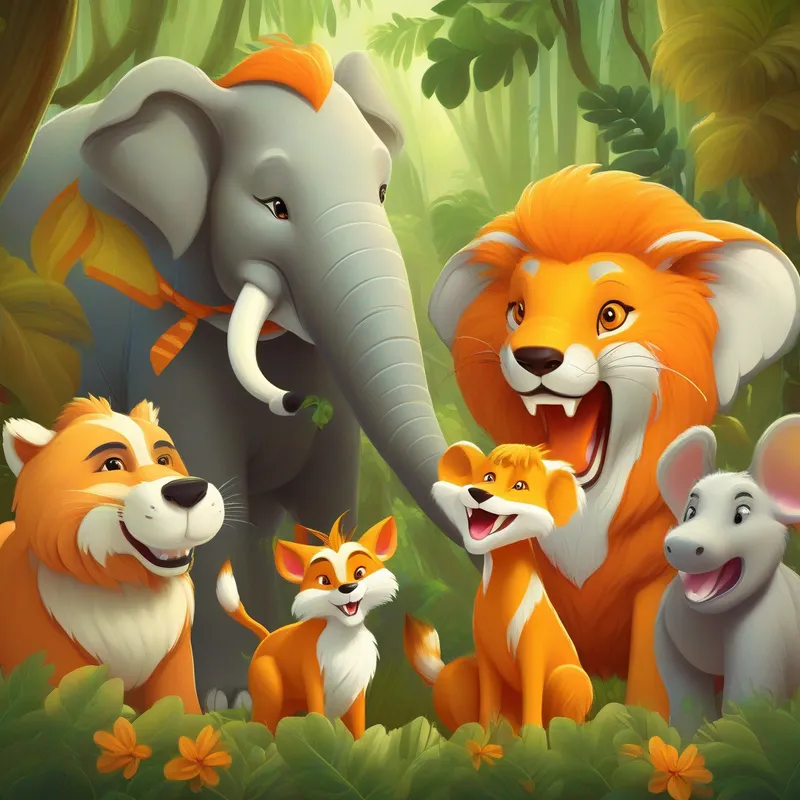 A clever fox with orange fur and a mischievous grin., the A majestic lion with golden fur and a loud roar., and the A wise elephant with gray wrinkled skin and big tusks. living peacefully in the jungle.