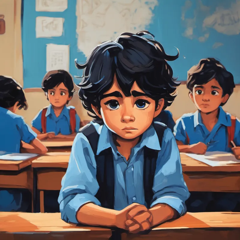 Niño con cabello negro y camisa azul triste en la escuela rodeado de amigos
