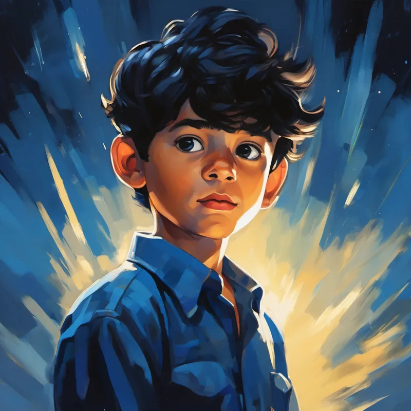 Niño con cabello negro y camisa azul con una luz brillante alrededor de su cabeza