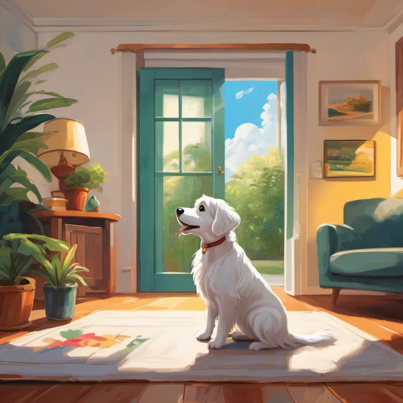 Perrita pequeña de color blanco en la casa con una expresión de sorpresa