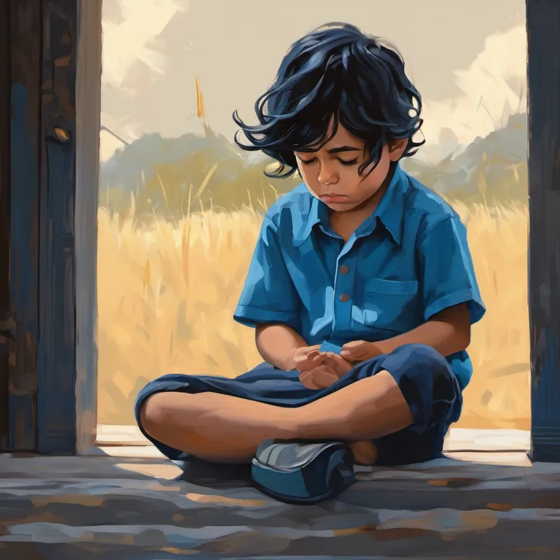 Niño con cabello negro y camisa azul triste siendo rodeado por los niños malos