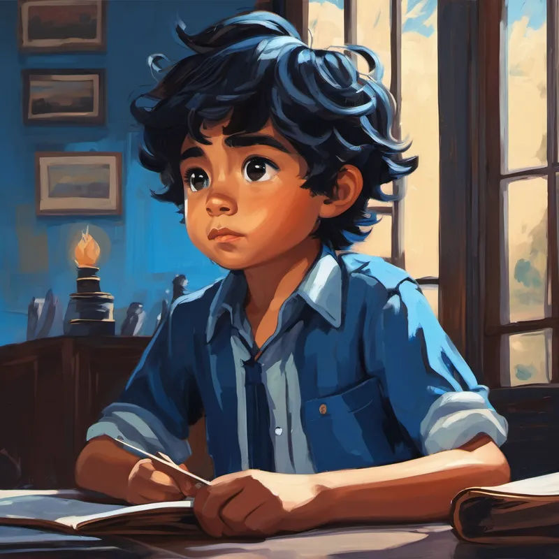 Niño con cabello negro y camisa azul hablando con su maestra y director sin solución