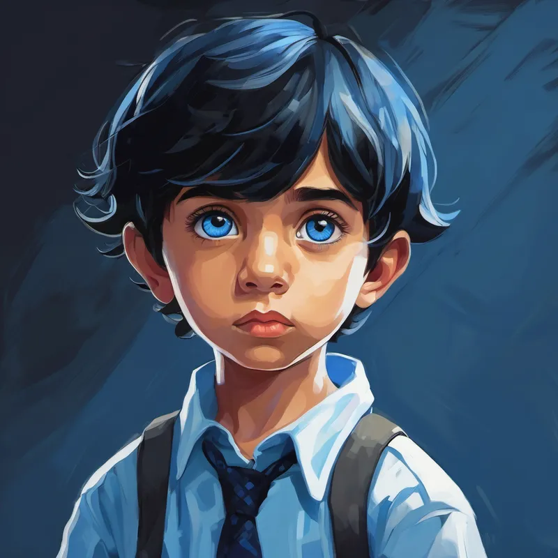 Niño con cabello negro y camisa azul con los ojos cerrados, concentrándose en sus poderes