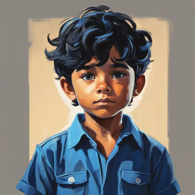 Niño con cabello negro y camisa azul firme con los brazos cruzados y mirando serio