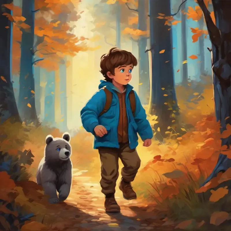 A little boy with brown hair and bright blue eyes walking through the forest, hearing a soft whimpering sound, finding a small bear with a hurt paw