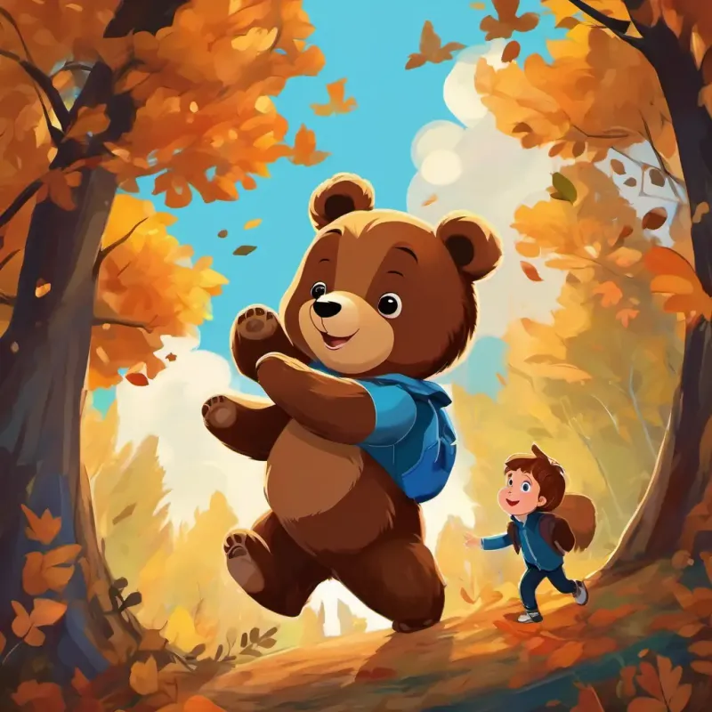 A little boy with brown hair and bright blue eyes naming the bear A small bear with soft, brown fur and big, kind eyes, playing together in the forest, climbing trees, having picnics