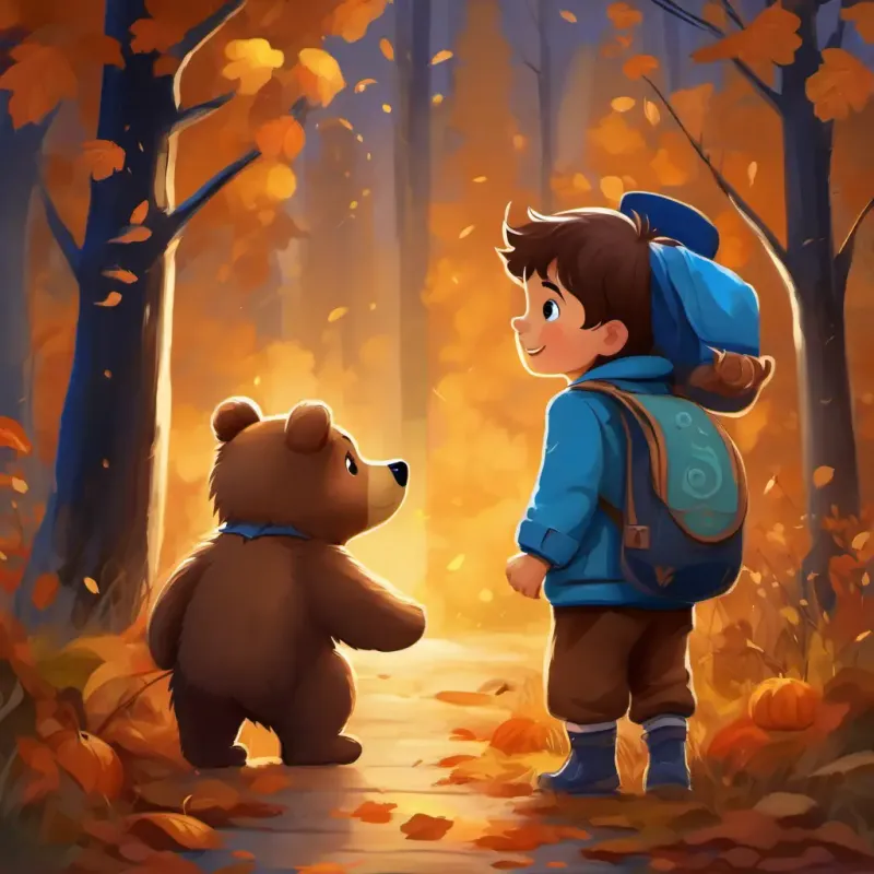 A small bear with soft, brown fur and big, kind eyes's paw healing, A little boy with brown hair and bright blue eyes saying goodbye, A small bear with soft, brown fur and big, kind eyes walking away with a grateful smile