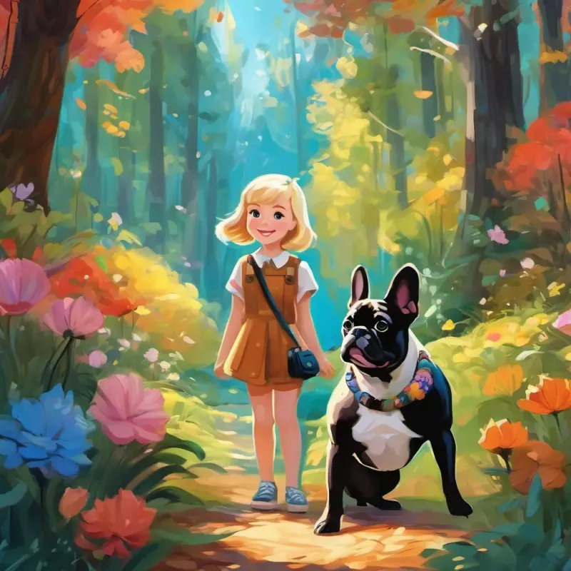 Small girl with blond hair, bright blue eyes, and fair skin Cheerful and curious with blond hair and French Bulldog with short white fur, adorable black patches, and playful brown eyes the French Bulldog standing at the entrance of a colorful fantasy forest.