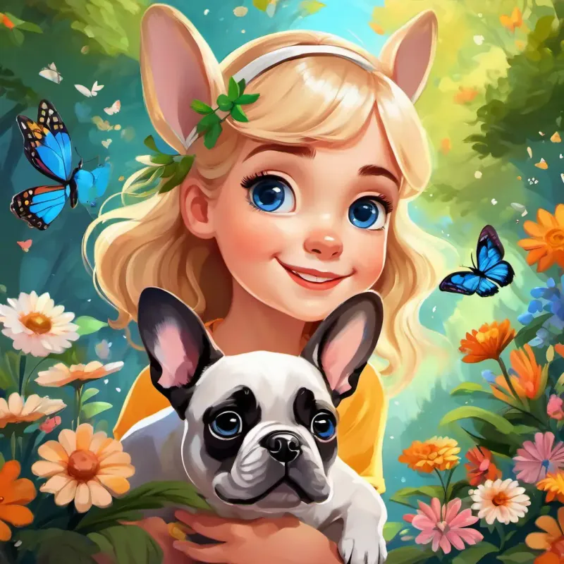 Small girl with blond hair, bright blue eyes, and fair skin Cheerful and curious and French Bulldog with short white fur, adorable black patches, and playful brown eyes surrounded by vibrant flowers, tall trees, sparkling streams, butterflies, and birds.