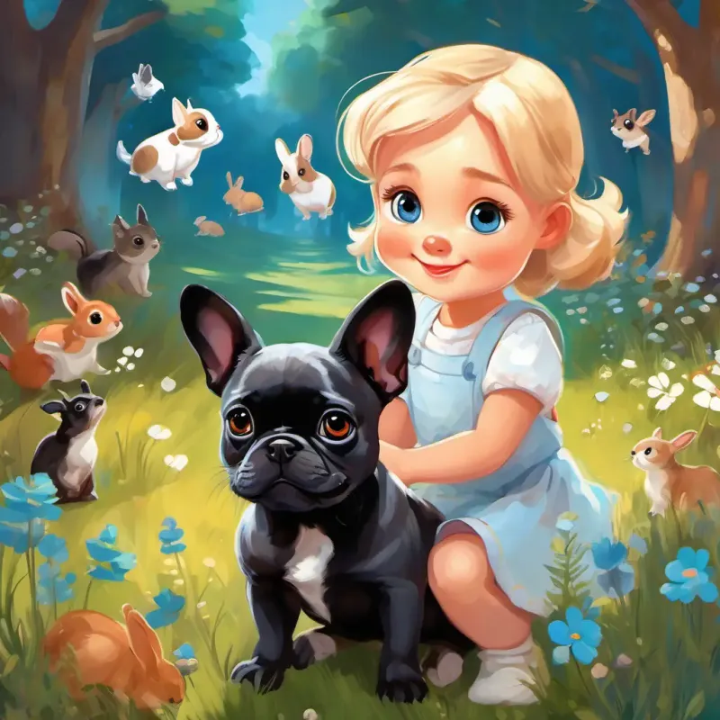 Small girl with blond hair, bright blue eyes, and fair skin Cheerful and curious and French Bulldog with short white fur, adorable black patches, and playful brown eyes surrounded by talking rabbits, friendly squirrels, and other magical creatures.