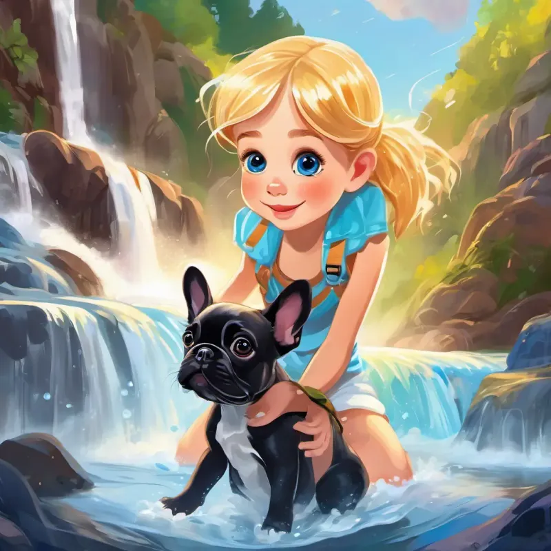 Small girl with blond hair, bright blue eyes, and fair skin Cheerful and curious and French Bulldog with short white fur, adorable black patches, and playful brown eyes playing in the sparkling waterfall, under a rainbow.