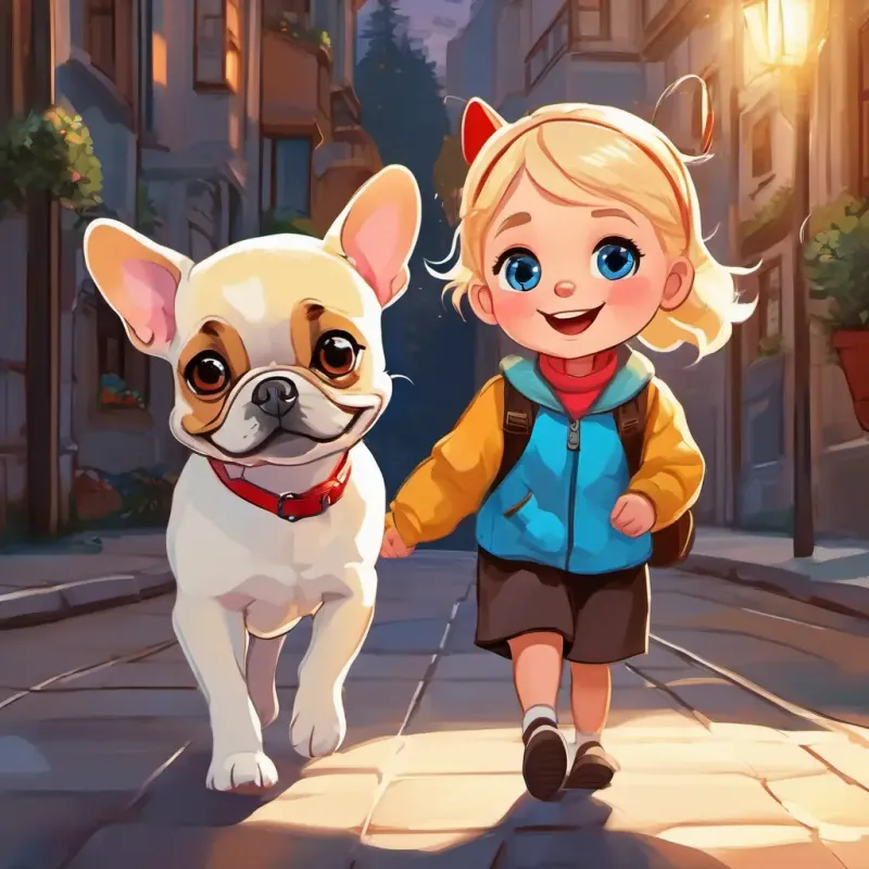 Small girl with blond hair, bright blue eyes, and fair skin Cheerful and curious and French Bulldog with short white fur, adorable black patches, and playful brown eyes walking back home, with smiles on their faces and hearts full of cherished memories.