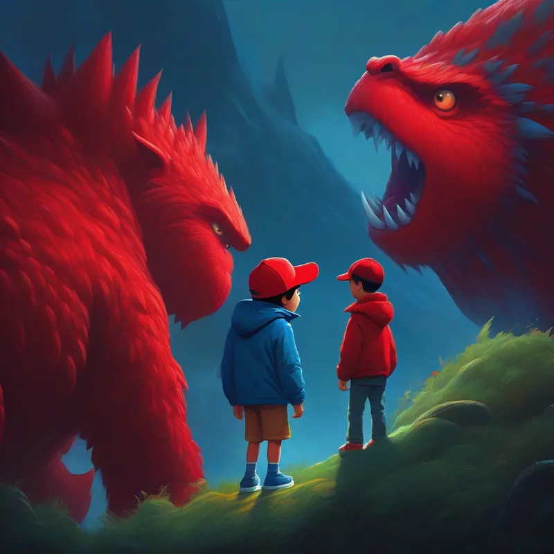 A strong and brave man wearing a blue jacket and a red hat. and son staring at a huge, red monster with sharp teeth.