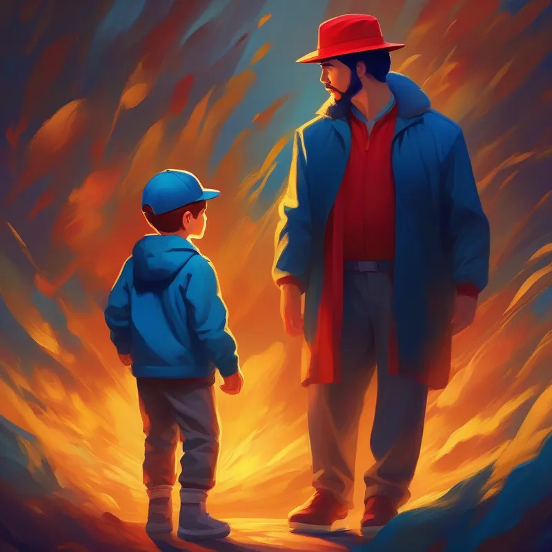 A strong and brave man wearing a blue jacket and a red hat. and son looking determined, surrounded by a golden glow of confidence.