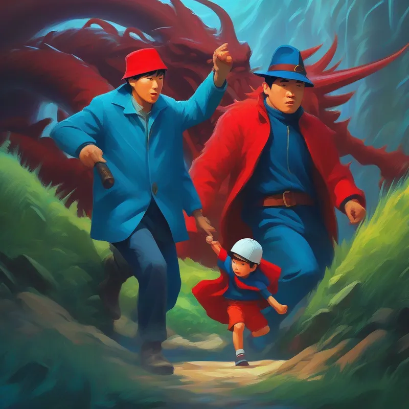 A strong and brave man wearing a blue jacket and a red hat. and son attacking the monster with bravery and strategy.