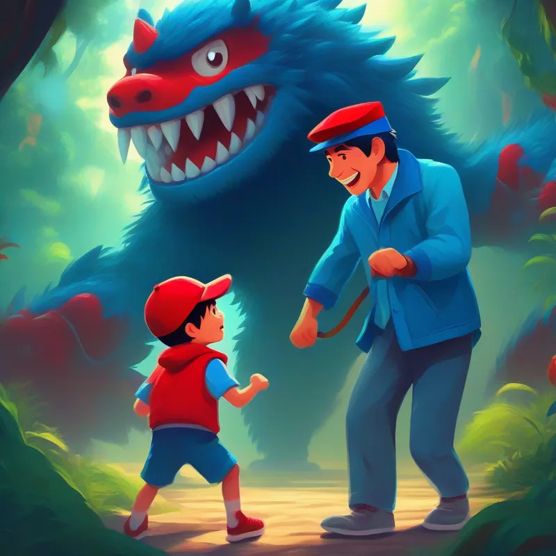 A strong and brave man wearing a blue jacket and a red hat. and son fighting the monster with smiles on their faces.