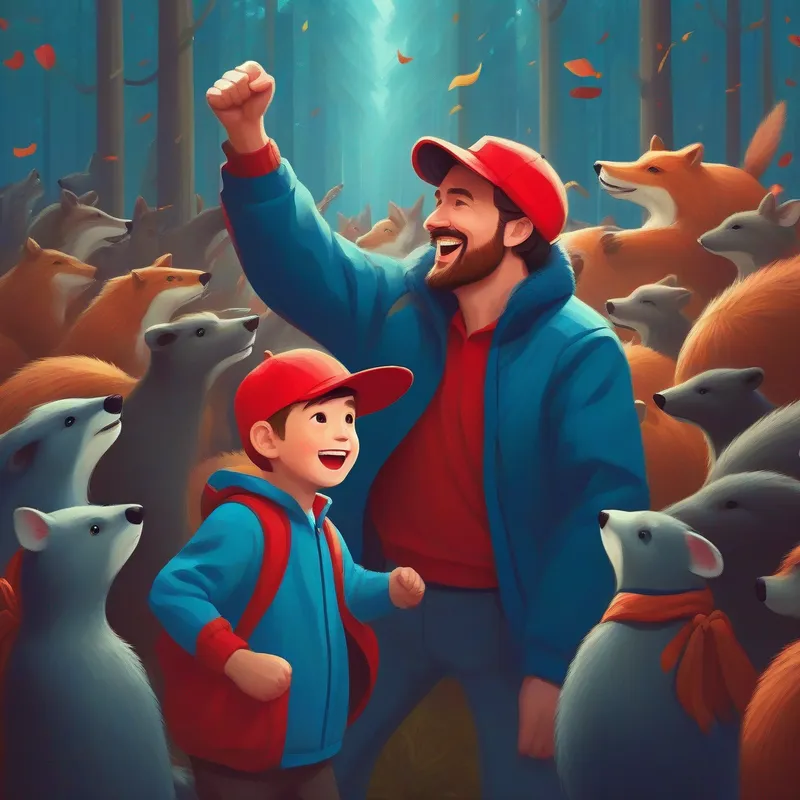 A strong and brave man wearing a blue jacket and a red hat. and son celebrating their victory, surrounded by cheering forest animals.