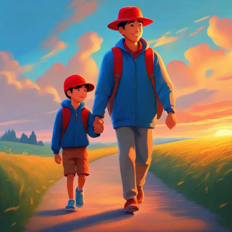A strong and brave man wearing a blue jacket and a red hat. and son holding hands, smiling brightly and walking towards the sunset.