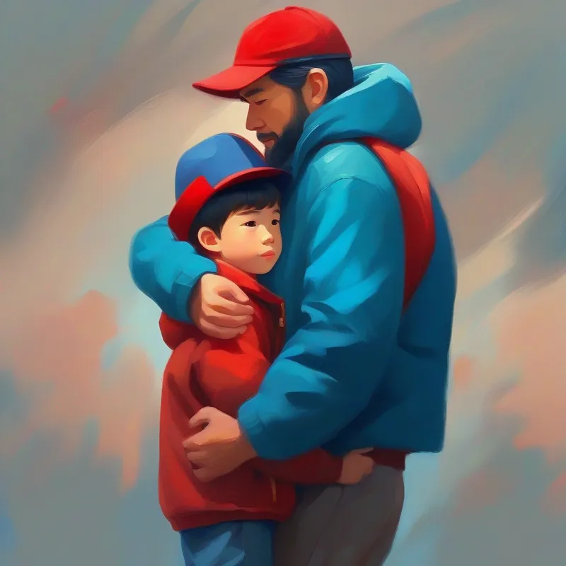 A strong and brave man wearing a blue jacket and a red hat. and son hugging, feeling proud and confident.