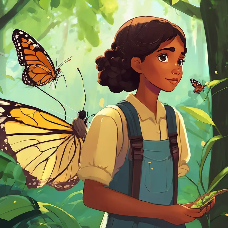One sunny afternoon, as Amani was taking a walk in the woods, she stumbled upon a tiny butterfly caught in a spider's web. The poor butterfly was fluttering its wings, desperately trying to escape. Amani knew she had to help it. She gently freed the butterfly from the sticky web and placed it on her hand. To her surprise, the butterfly started to speak, thanking Amani for saving its life. The butterfly introduced itself as Bella and told Amani about an enchanted forest hidden deep within the village. Bella mentioned a wise old owl named Oli, who had the power to grant wishes to those who were pure of heart.