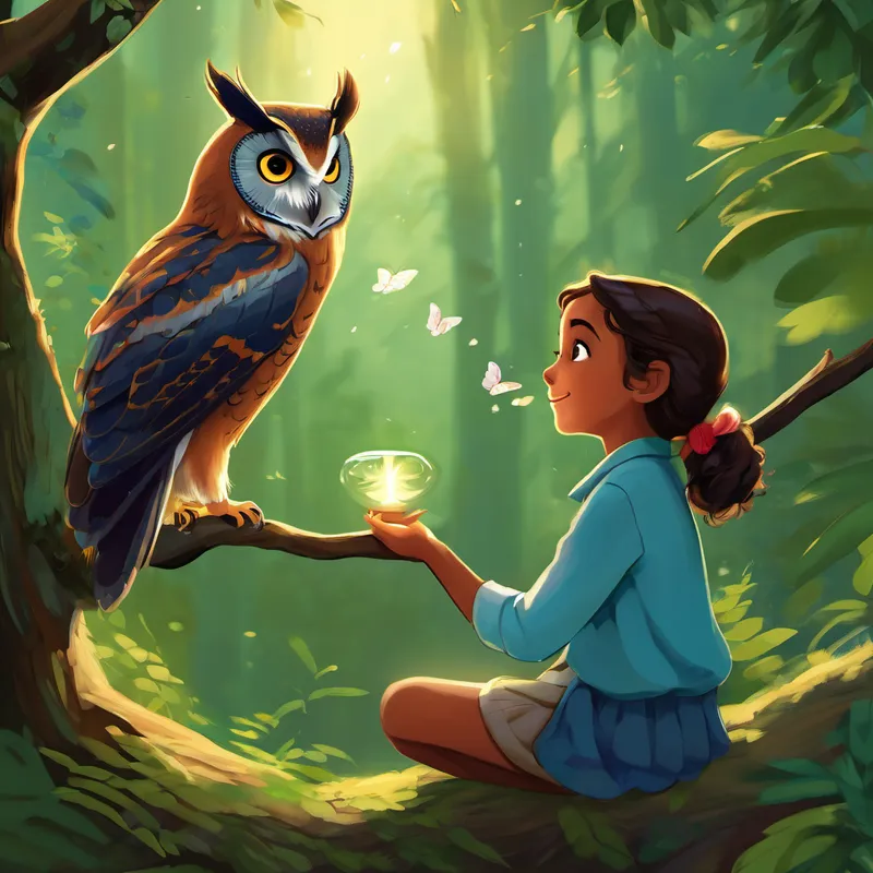 After a long and exciting journey, Amani finally reached the enchanted forest. There, perched on a tall tree branch, was the majestic owl named Oli. Oli greeted her warmly and listened intently as Amani shared her story. Impressed by Amani's bravery, Oli offered her a chance to make a wish. Amani thought for a moment and then said, "Dear Oli, I wish for all the animals in the world to be protected and loved, just like Bella the butterfly."