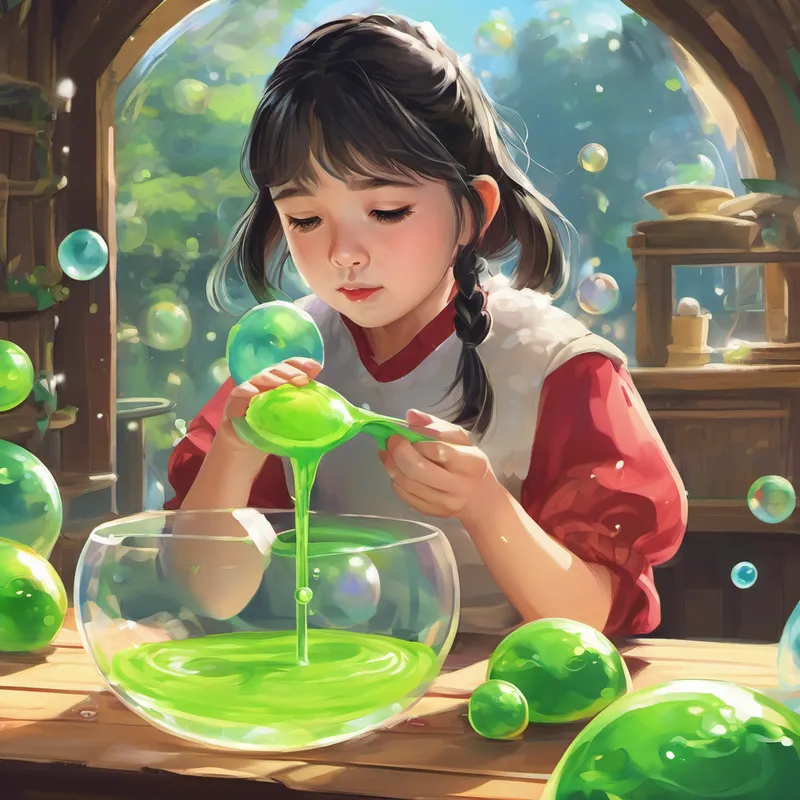 With great anticipation, Lily collected all the necessary ingredients to make the ultimate slime bubble. She mixed powders and liquids together until a thick, shiny slime formed in her hands. This was it, this was the special slime that would create the most magnificent bubble the world had ever seen. But when Lily attempted to blow a bubble with the slime, she was met with frustration. No matter how hard she tried, the slime wouldn't cooperate. The bubble would barely form before popping, leaving Lily feeling disheartened.