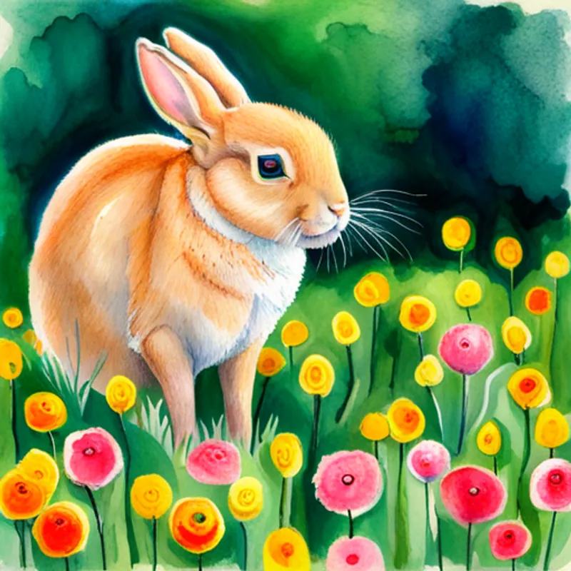 Cute bunny with floppy ears and a fluffy white tail bunny hops in vibrant garden