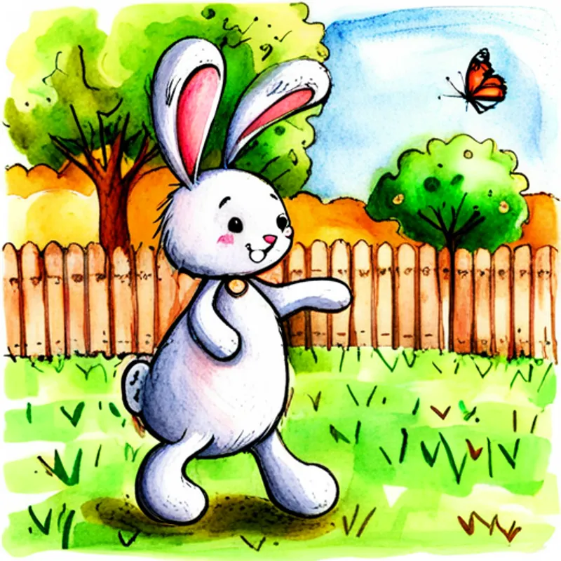 Cute bunny with floppy ears and a fluffy white tail dances with butterfly in garden