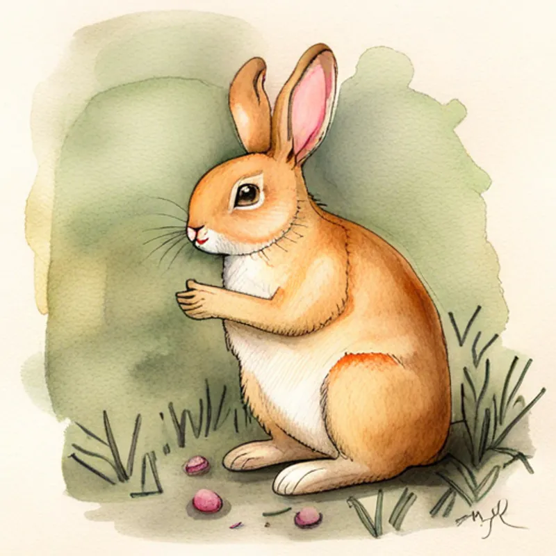 Cute bunny with floppy ears and a fluffy white tail listens to bird's sweet song