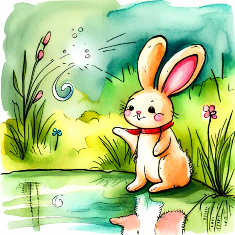 Cute bunny with floppy ears and a fluffy white tail makes a wish by sparkling pond