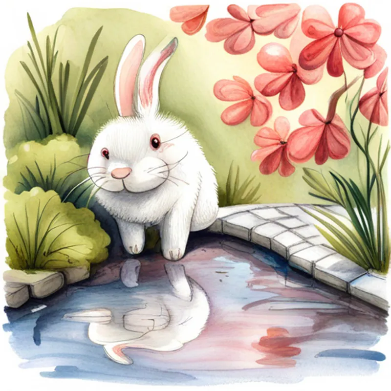Cute bunny with floppy ears and a fluffy white tail plays in rain puddles happily
