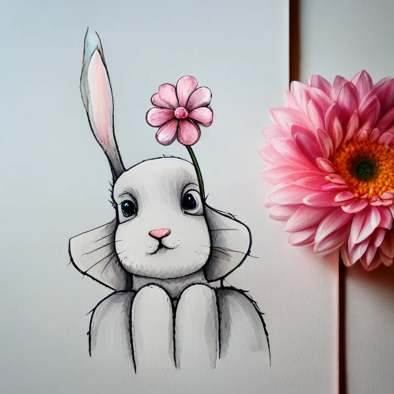 Cute bunny with floppy ears and a fluffy white tail finds special pink pretty flower