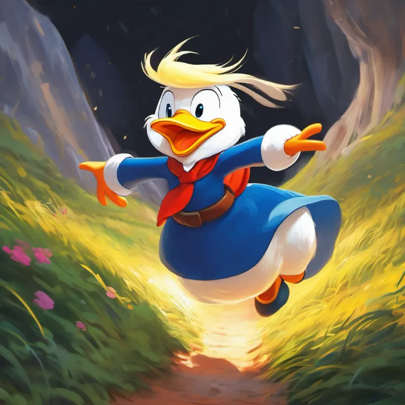 Donald faces a challenge by stumbling but overcomes it.