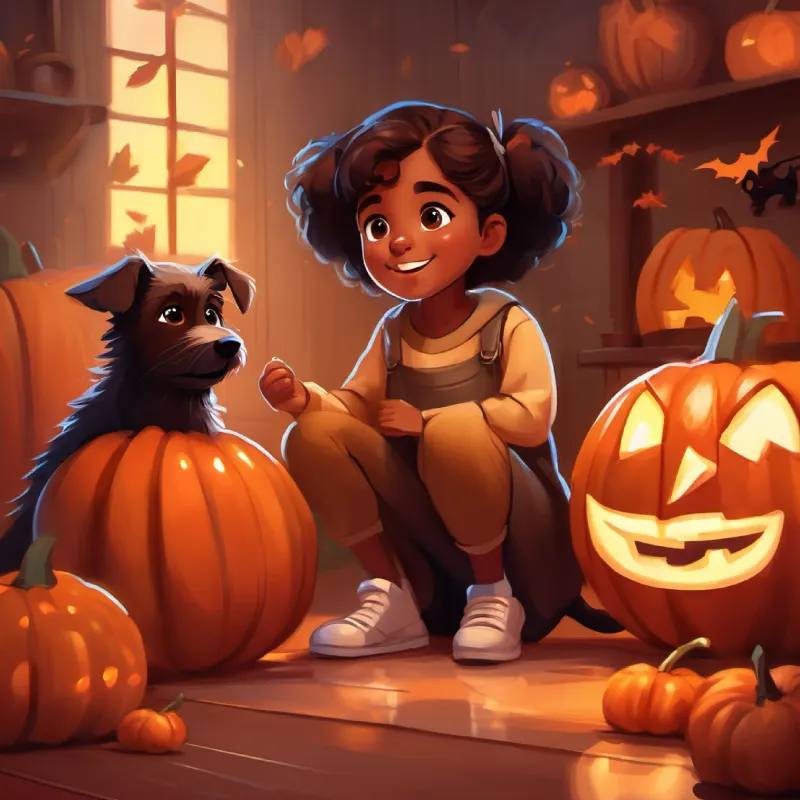 Young girl with brown skin and big, brown eyes prepares for Halloween, Small, fluffy dog with eager, brown eyes is excited.