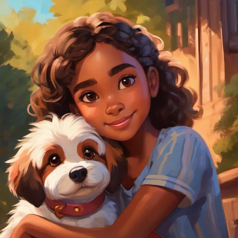 Young girl with brown skin and big, brown eyes and Small, fluffy dog with eager, brown eyes sharing a moment of friendship.