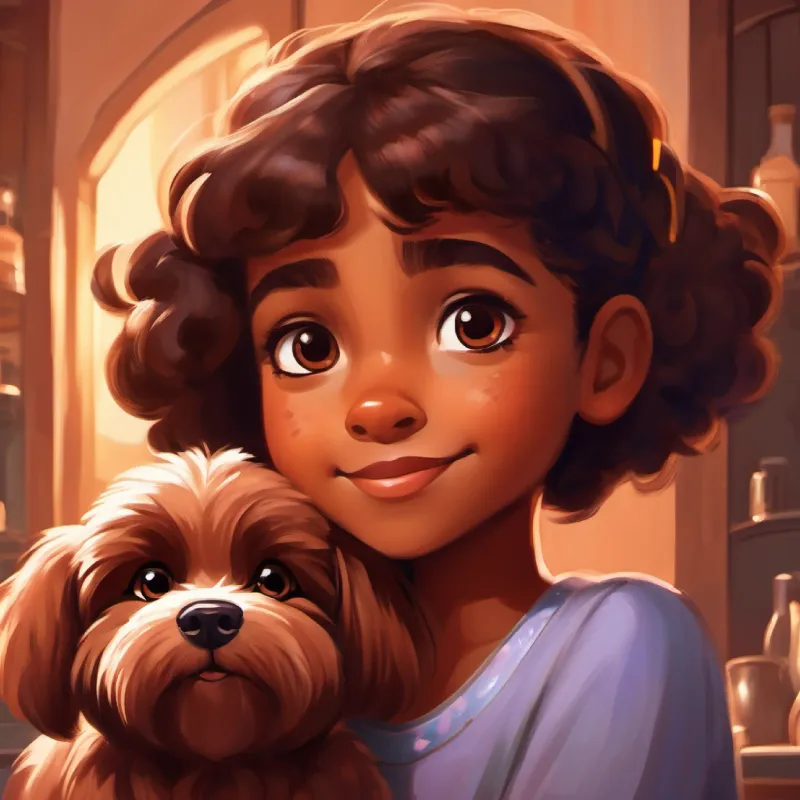 Young girl with brown skin and big, brown eyes reminds Small, fluffy dog with eager, brown eyes about the chocolate.