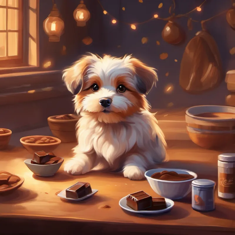 Small, fluffy dog with eager, brown eyes is tempted by the smell of chocolate.