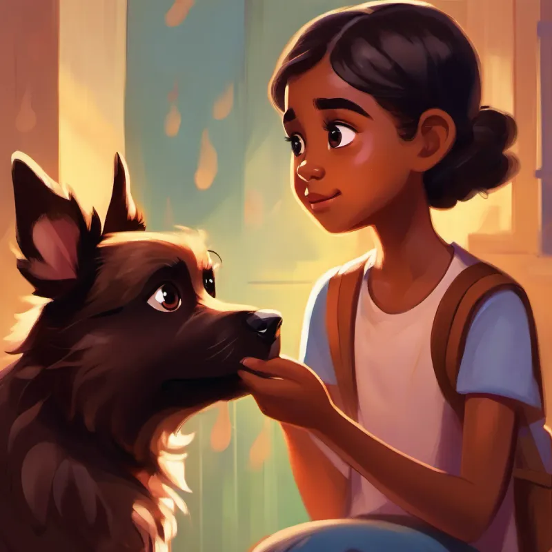 Young girl with brown skin and big, brown eyes denies Small, fluffy dog with eager, brown eyes the chocolate, explaining it's bad.