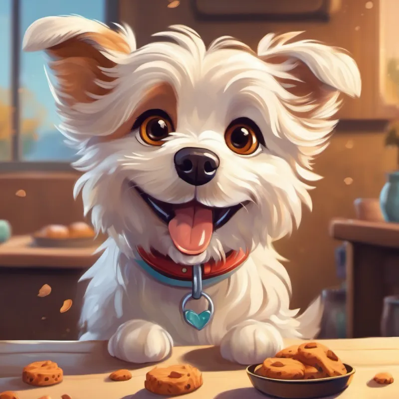 Small, fluffy dog with eager, brown eyes is excited about the dog treats.