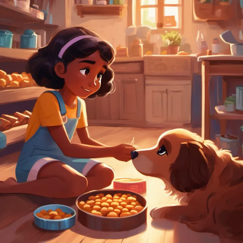 Young girl with brown skin and big, brown eyes finds suitable treats for Small, fluffy dog with eager, brown eyes.