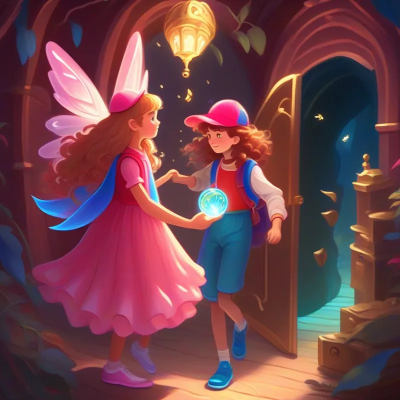 A boy wearing a red cap and blue shoes, A girl with long curly hair and a pink dress, and A fairy with sparkling wings and a shimmering dress finding the treasure chest in the hidden room