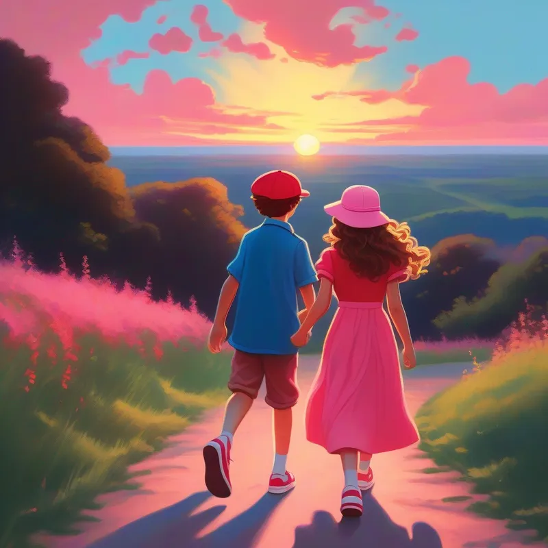 A boy wearing a red cap and blue shoes and A girl with long curly hair and a pink dress walking hand in hand towards the setting sun