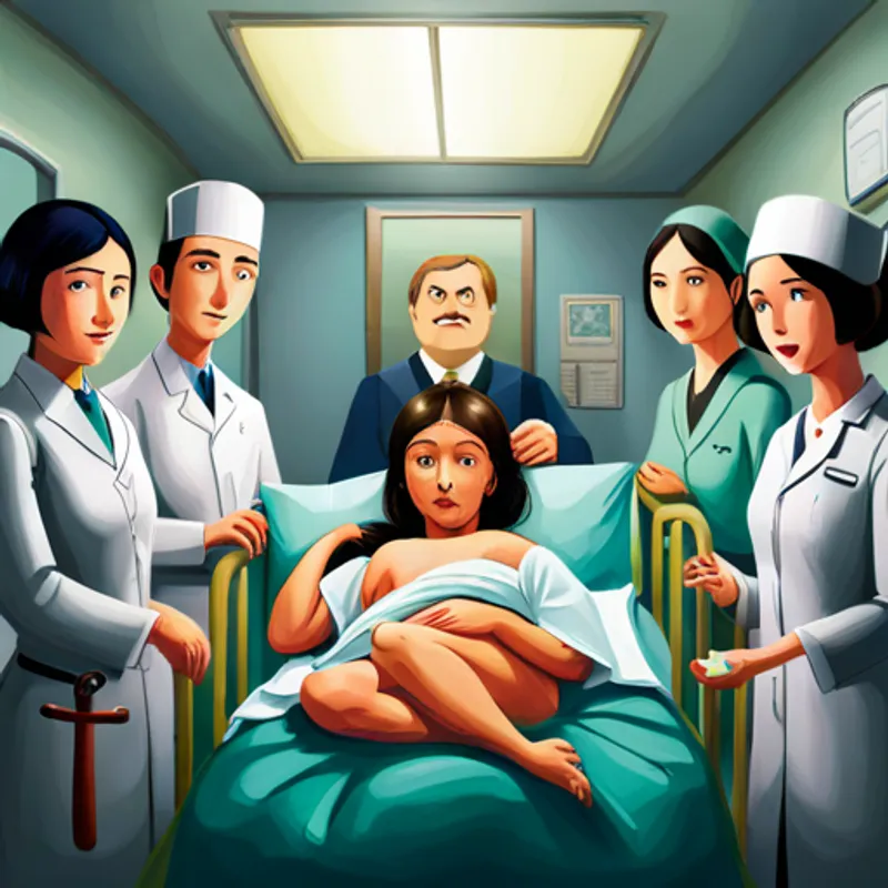 Fay in a hospital crib, with doctors and nurses around