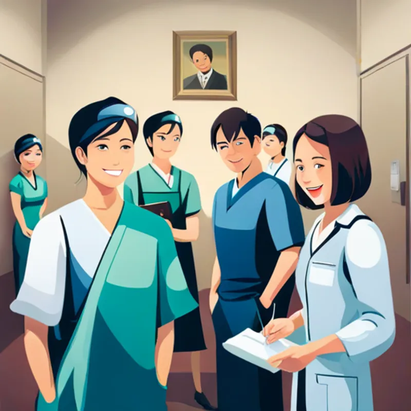 Doctors and nurses smiling and taking care of Fay in the hospital