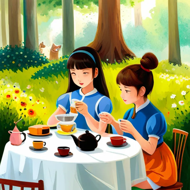 Fay and Ivy playing tea party in colorful dresses